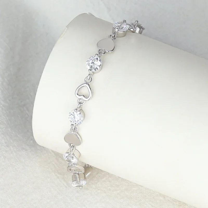 Pulseira de Luxo Coração Vazado Prata 925 Zircônia para Mulheres Joias de Festa Presentes de Moda Coreana Doce e Estilosa