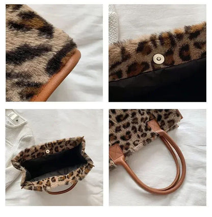 New Women Soft Plush Hand Bag New Winter Leopard Cow Print Tote Bags Female Pu Leather Underarm Bags Furry Fluffy Shoulder Bag