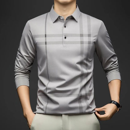 BROWON Graphic Polo Shirt Men 2025 Autumn New Business Slim Long Sleeve T Shirt Man Casual Loose Printed Striped Clothes for Men