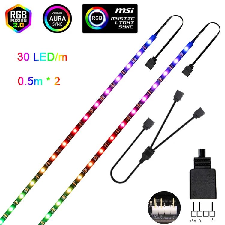 Addressable Rainbow PC Digital WS2812b LED Strip Light for 5V 3pin ARGB Header PC Case Asus Aura Sync RGBIC Fusion MSI Mystic