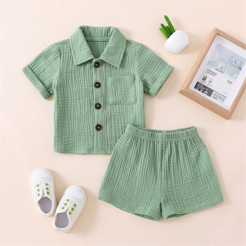 Cotton Linen Casual Toddler Baby Boys Summer Outfits Solid Short Sleeve Pocket Button Down Lapel Shirt + Shorts 2PCS Clothes Set