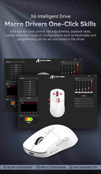 Attack Shark X6 PAW3395 Bluetooth Mouse,2.4 Tri-Mode Connection, RGB Touch Magnetic Charging Base, Macro Gaming Mouse