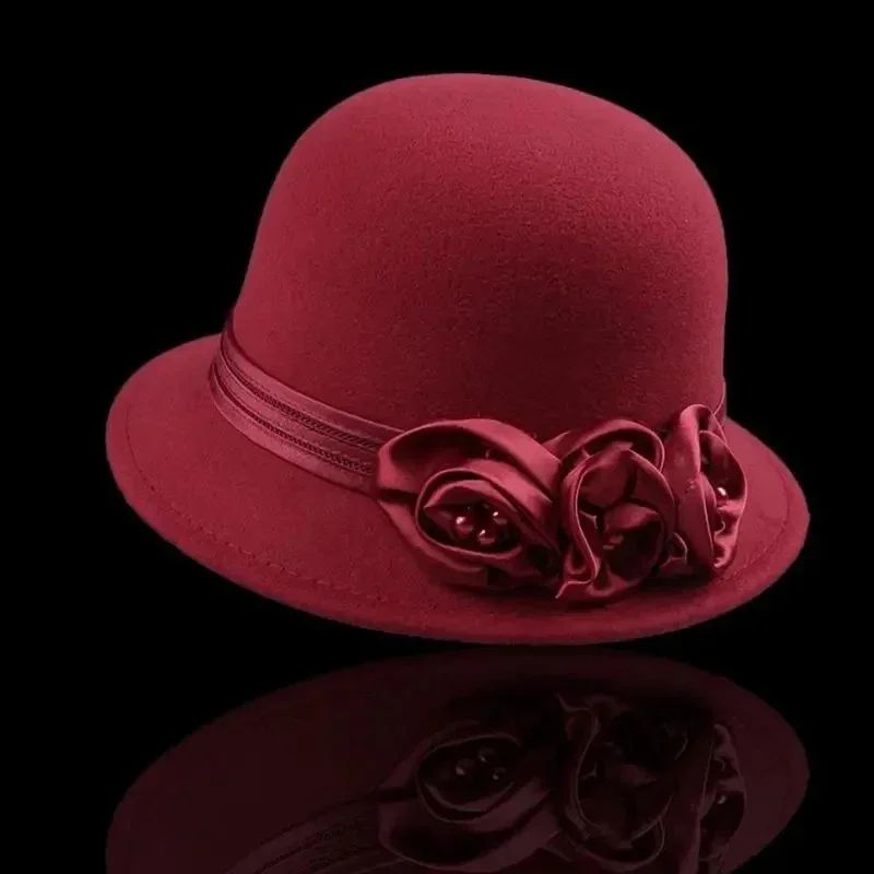 Autumn Winter NEW Wool Formal Hat Women’s  Hat Church Hat Fisherman Hat Rose Blossoms Pearl Elegant Fashion Versatile