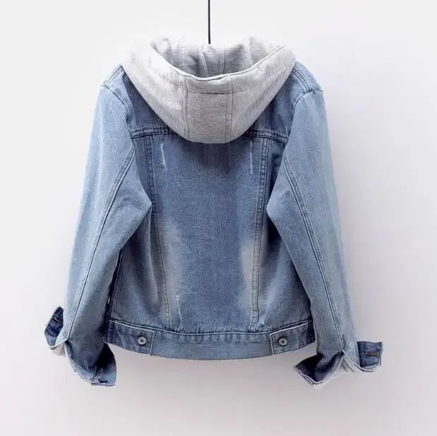 Women Denim Coat Hooded Single Breasted Button Jackets Hooded Patchwork Outerwear Cardigan Solid Pockets Streetwear Warm
