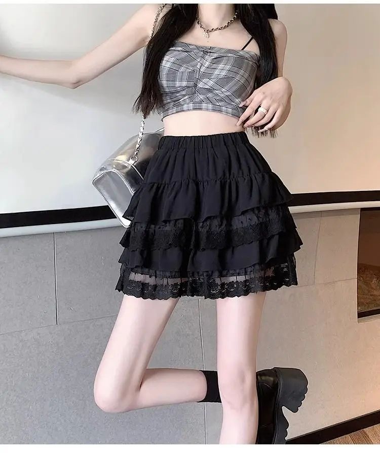 JOEVILU White Tutu Skirt A-line Elastic High Waist Mini Skirts Short Lace Cake Skirt Thin Summer Korean Fashion Goth Y2k Clothes