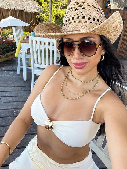 2025 Women 3 Piece Bikini Sets Spaghetti Strap Swimsuits Sexy High Split Beachwear Long Skirt Bathing Suit Vacation Wear K92