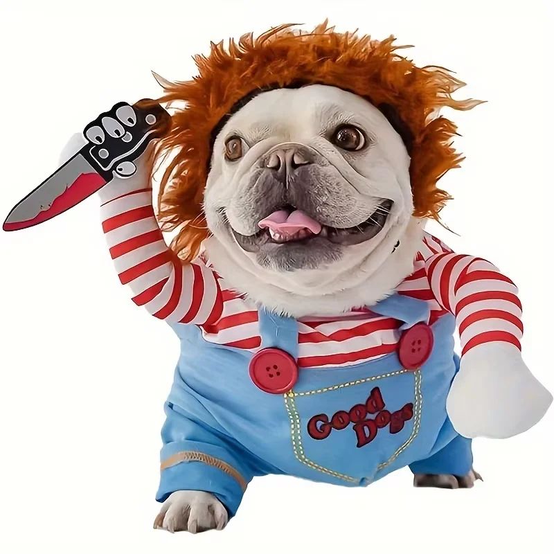 Dog Halloween Costume Pet Deadly Doll Chucky Dogs Costume with Wig, Dog Costumes for Medium Dogs Funny Party Cosplay Halloween