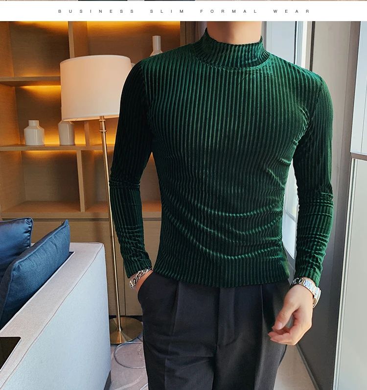 New Gold Velvet T Shirt Men Clothing Fashion Trend Male Luxury Prom Party Long-sleeved Striped Pullover Tops Homme