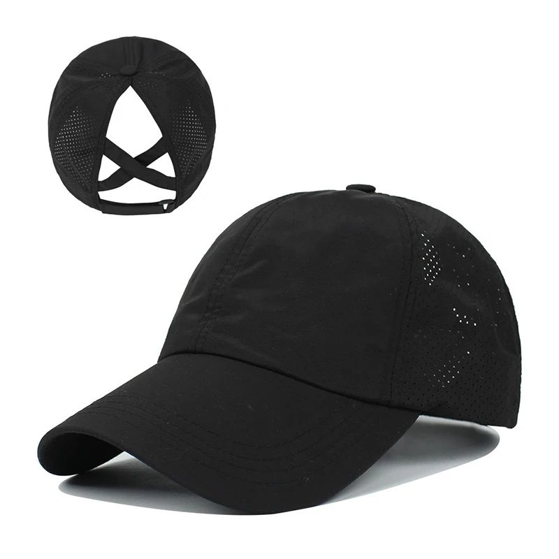 Boné de Beisebol de Verão Cor Sólida Roupa de Golfe Feminina Esporte Lazer Boné Cruzado com Rabo de Cavalo Chapéu de Malha Secagem Rápida Meio-Oco Boné Masculino com Aba Curva