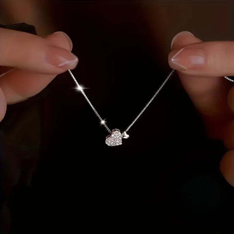 Korea Ins Fashion Shiny Inlaid Zirconia Double Love Pendant Necklace Women Simple Design Wedding Banquet Jewelry Accessories