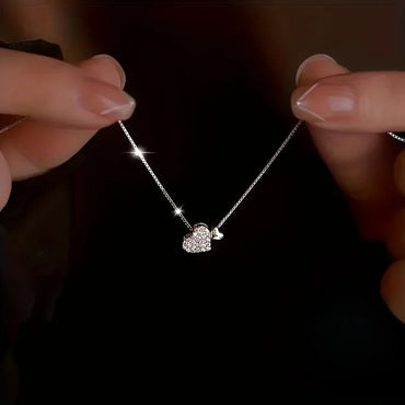 Korea Ins Fashion Shiny Inlaid Zirconia Double Love Pendant Necklace Women Simple Design Wedding Banquet Jewelry Accessories