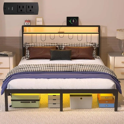 Black Platform Bed Full-Size, Charging Station & LED Lights - Double Storage Headboard for Room
