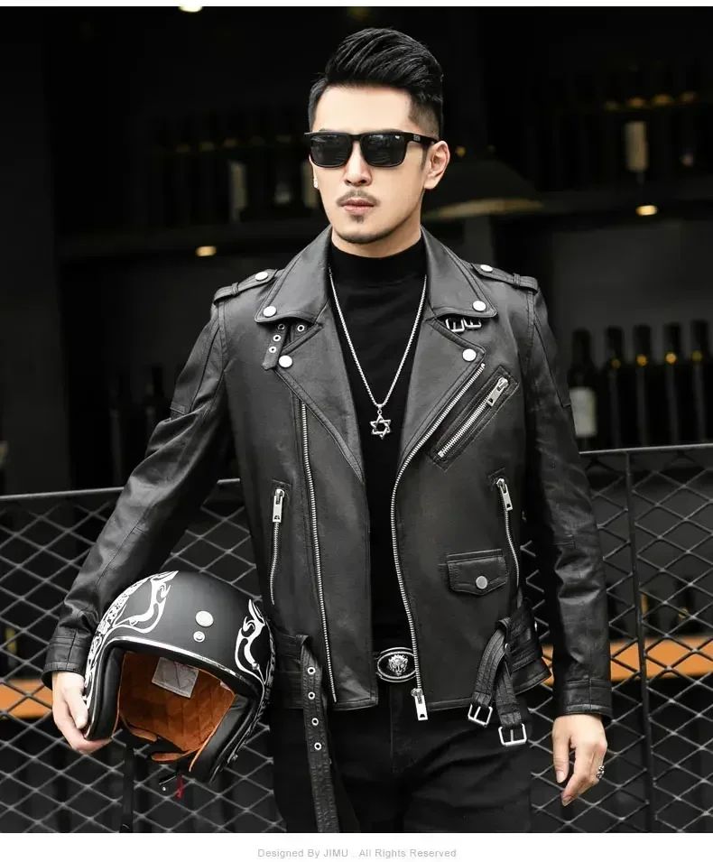 Long Sleeve Belt Plus Size European Fashion brand Spring Autumn Short Cool Black Leather Biker Jacket Men Zipper leather jackets