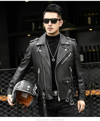 Long Sleeve Belt Plus Size European Fashion brand Spring Autumn Short Cool Black Leather Biker Jacket Men Zipper leather jackets