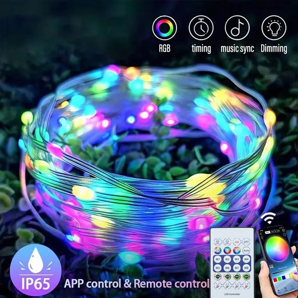 USB RGBIC LED Fairy Lights WS2812B Bluetooth Smart Control Dream Color Music Sync Waterproof Garland Holiday Wedding Decor Lamp