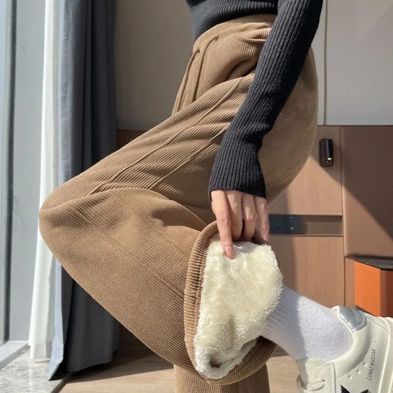Winter Fleece Thickened High Waist Warm Trousers for Women Solid Color Loose Elastic Waist Straight Casual Pants