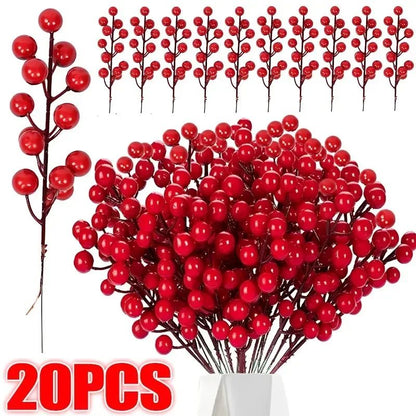 20/1Pcs Christmas Artificial Berries Fake Holly Berry Flower Stamen Bouquet DIY Christma Wreath Xmas New Year Gifts Table Decor