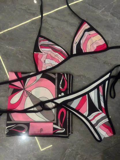 Melphieer Inspired 2025 colorful bikini women scarf swimwear sarong swimsuit headband beachwear striped bathing suit