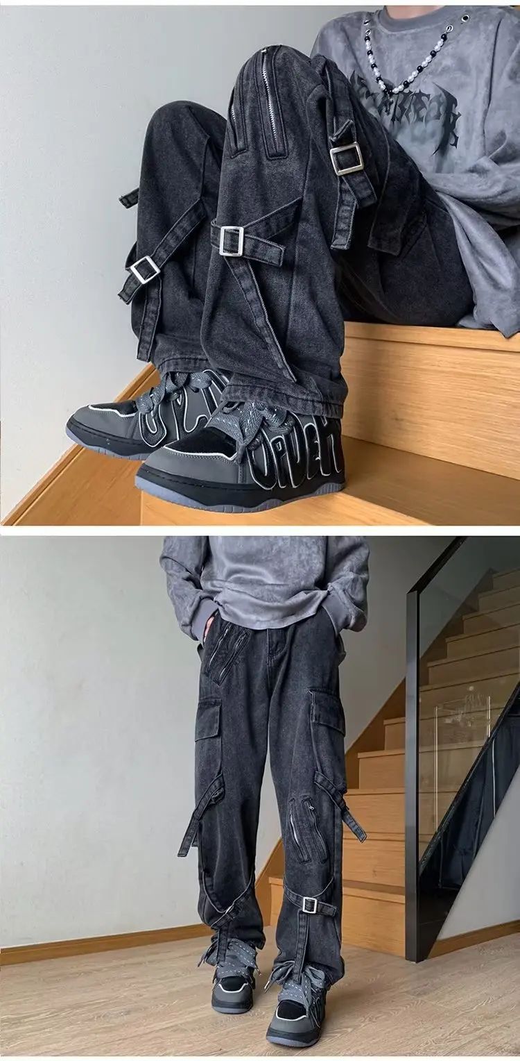 Vibezip-up Americano Jeans Masculinos da Moda Boca de Sino Solta Estilo Gangsta de Rua Ins Roupa de Trabalho Casual