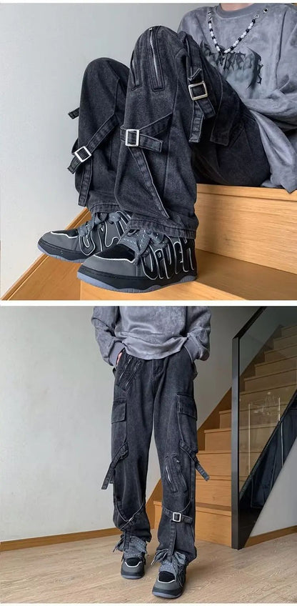 Vibezip-up Americano Jeans Masculinos da Moda Boca de Sino Solta Estilo Gangsta de Rua Ins Roupa de Trabalho Casual