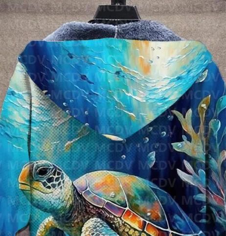 Men's Retro Print Plush Thick Long-Sleeved Coat Cardigan Sea Turtle 3D Prined Fleece Hooded Overcoat Unisex Thick Warm Jacket