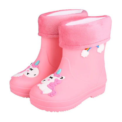 Children's Fleece-Lined Non-Slip Rain Boots For Boys And Girls Cartoon Cute Princess Style Anti-Slip Four Seasons Kids Shoes