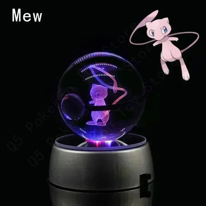 Esfera de Cristal 3D Pokémon 7CM 5CM Mewtwo Pikachu Gengar Bola de Cristal de Vidro Pokémon Pokebola Luminária Noturna LED com Base de Presente