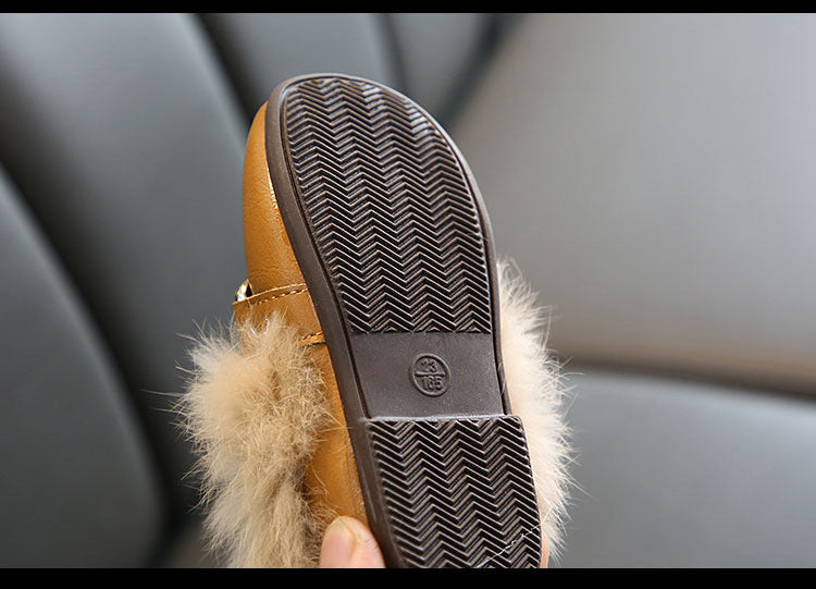 Kids Fur Shoes Children Velvet Shoes Baby Girls Warm Flats Toddler Black Brand Shoes Princess Loafer Chain Moccasin For Winter