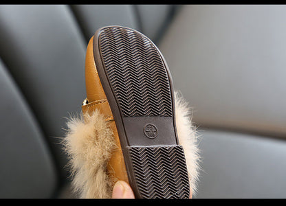 Kids Fur Shoes Children Velvet Shoes Baby Girls Warm Flats Toddler Black Brand Shoes Princess Loafer Chain Moccasin For Winter