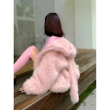 Women's Loose Thickened Lamb Fur Jacket Autumn Winter New Style Cute Rabbit Ear Design Soft Plush Coat Warm Casual Outerwear