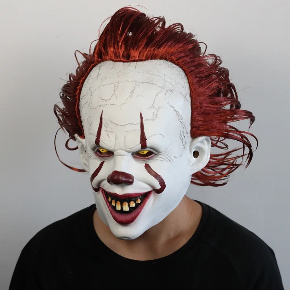 Horror Glowing Clown Mask Halloween Masque Pennywise Cosplay Latex Glow Joker Mask with Multicolor Hair Wig Joker Mask for Adult