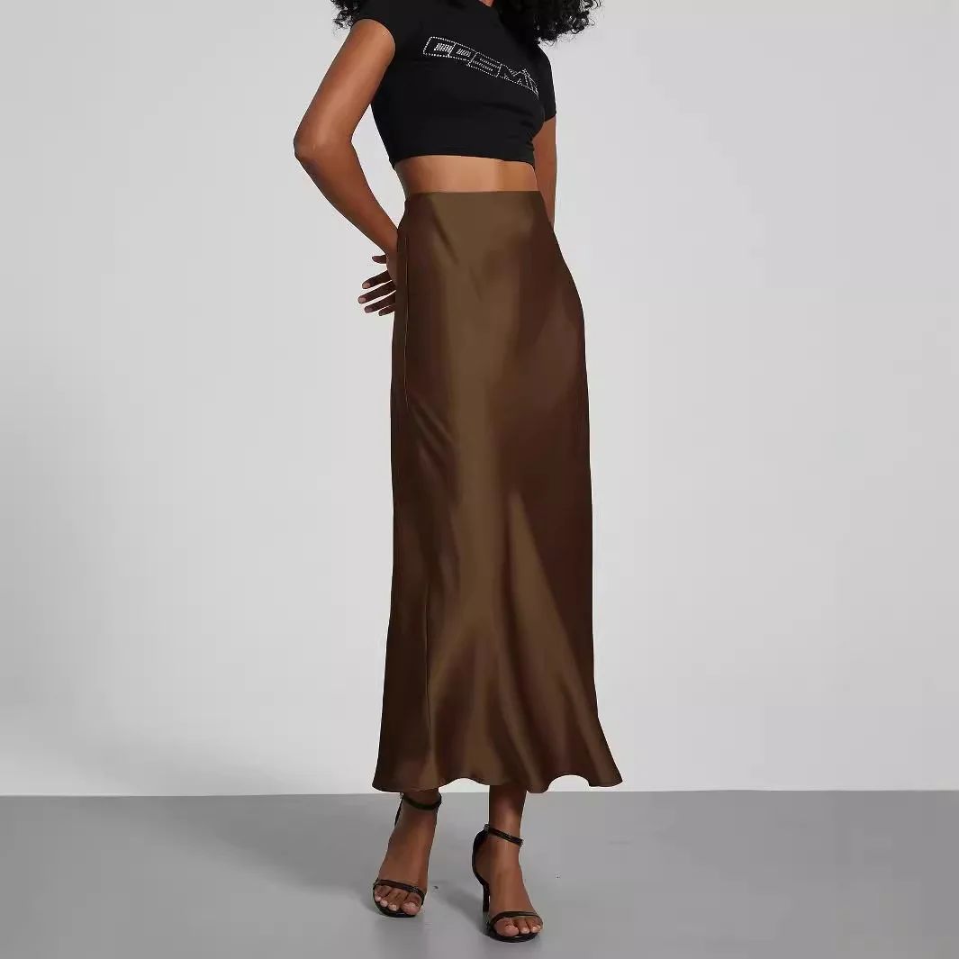 Elegant Fashionable European Style Women's Midi Skirt With Satin Texture Versatile Solid Color Bright Light Sensation Long Dress
