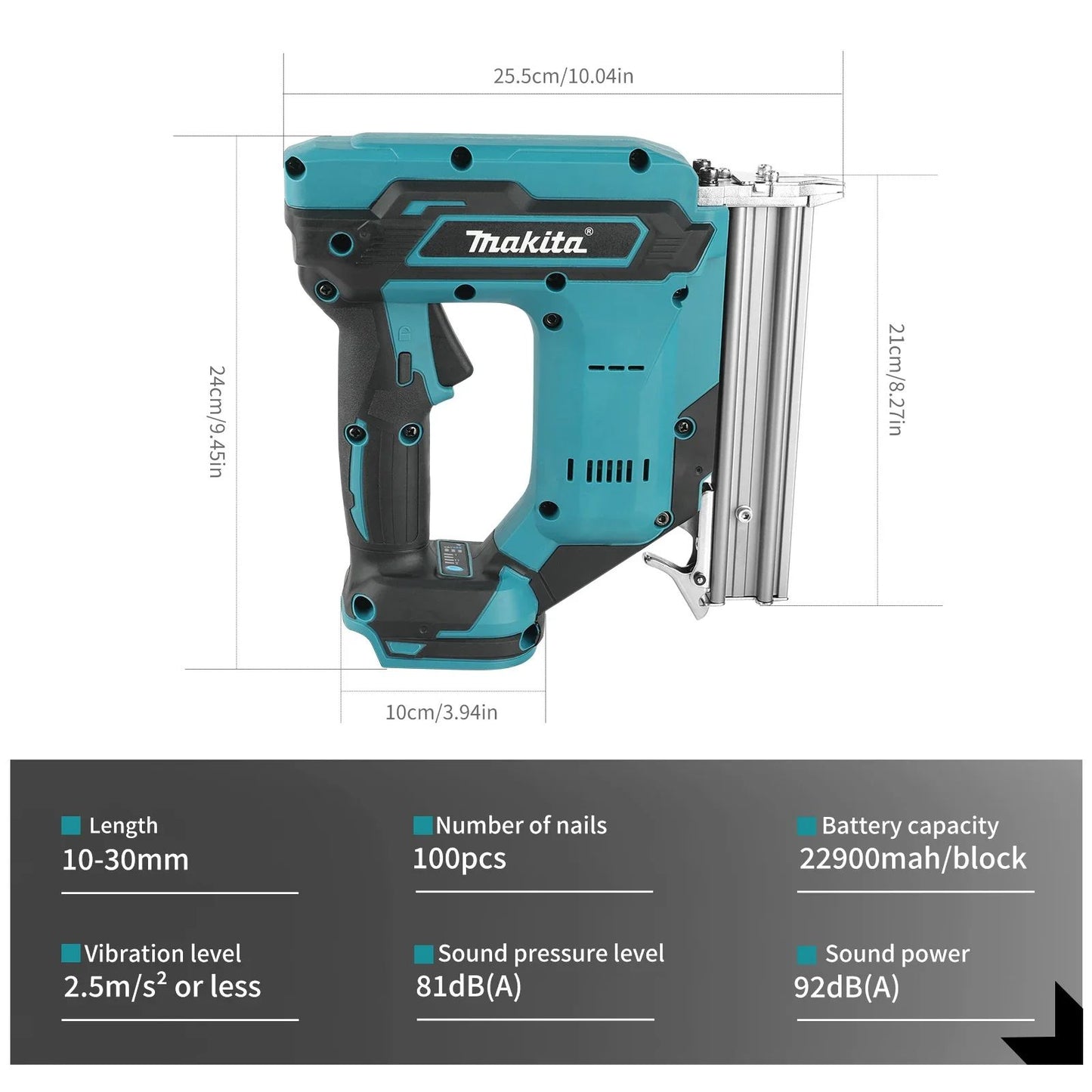 Pistola de Prego Makita a Bateria: Pregos de 10-30mm, Capacidade de 100 Pregos, Bateria de 22900mAh, Vibração de ≤2,5m/s², Alta Velocidade e Baixo Ruído para Trabalhos em Madeira