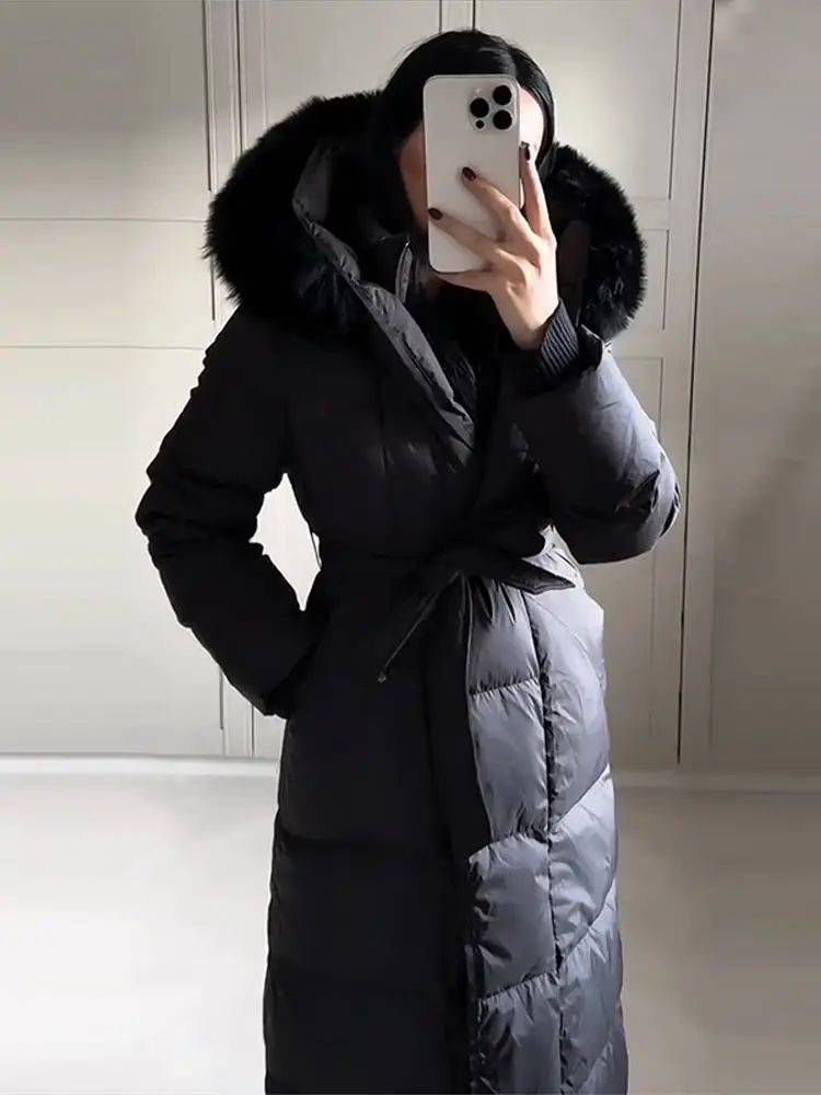 Casual Lace Up Women's Thicken Cotton Jacket Hooded Faux Fur Collar Zipper Long Coats Lady 2025 Winter Chic Female Street Coat