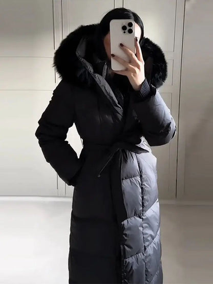 Casual Lace Up Women's Thicken Cotton Jacket Hooded Faux Fur Collar Zipper Long Coats Lady 2025 Winter Chic Female Street Coat