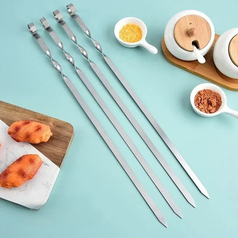 50cm BBQ Skewer 6Pcs Stainless Steel Wide Barbecue Sticks Flat BBQ Fork Outdoor Camping Picnic BBQ Utensil Kitchen Accessories