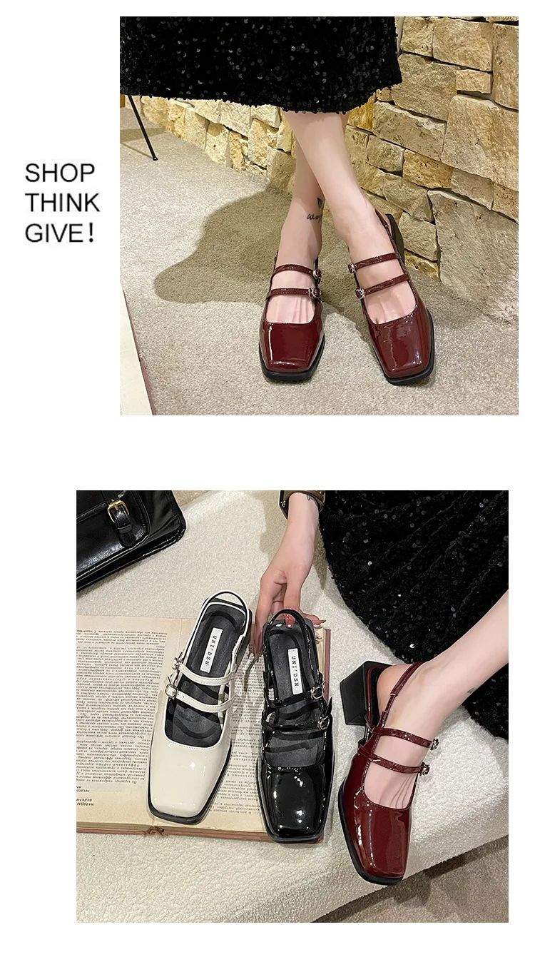 2024 Spring New Retro Small Leather Shoes Square Head Double Buckle Strap Mary Jane Thick Heels Sandals for Women