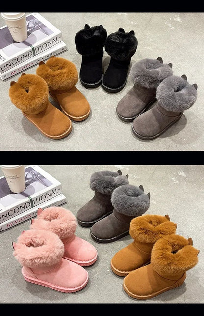Kids Genuine Cowhide Snow Boots Winter Baby Soft Warm Cotton Shoes with Plush Boys Girls One Fur Suede Boots Princess Retro Boot