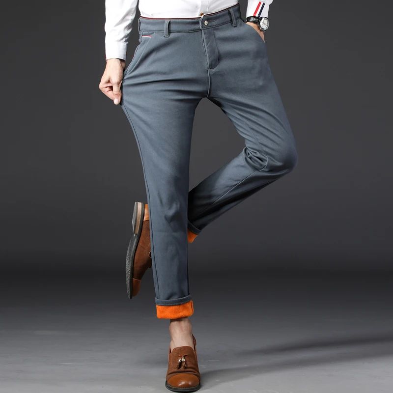 Winter Men Korean Fashion Straight Leg Pants Winter Snow Warm Thermal Thicken Casual Pants New Fleece Slim Fit Business Trousers