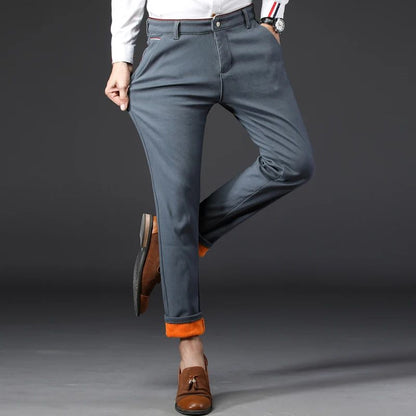Winter Men Korean Fashion Straight Leg Pants Winter Snow Warm Thermal Thicken Casual Pants New Fleece Slim Fit Business Trousers