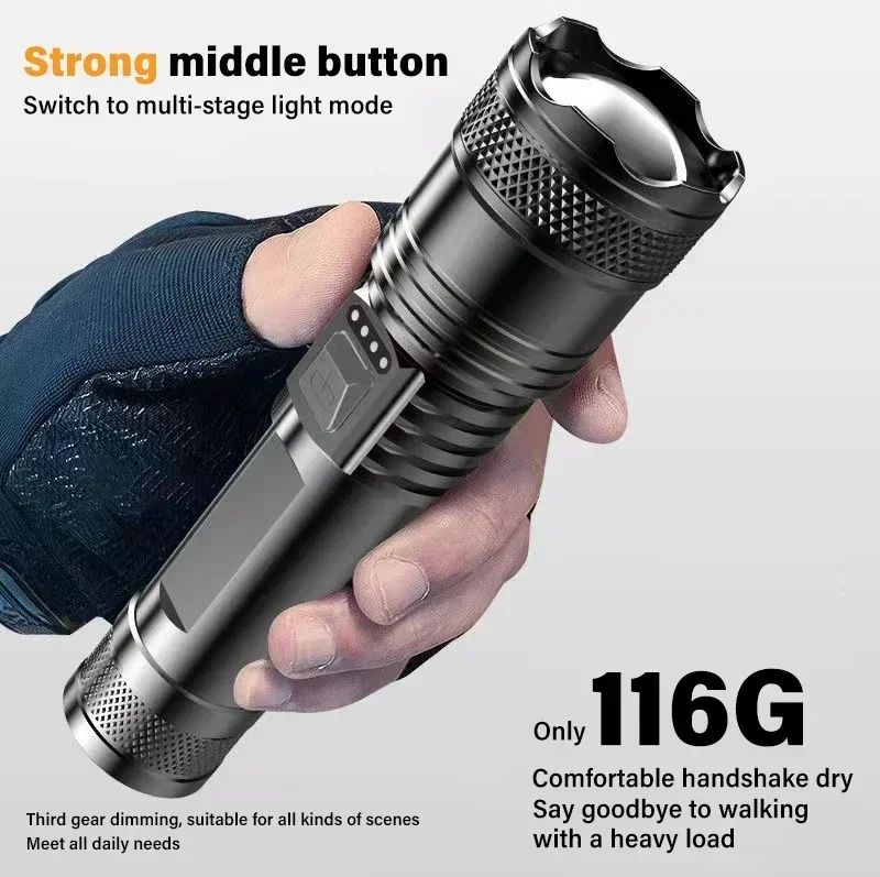 Lanterna Super Brilhante P50 Recarregável USB LED de Longo Alcance Tática À Prova D'Água para Acampamento Pesca Emergência