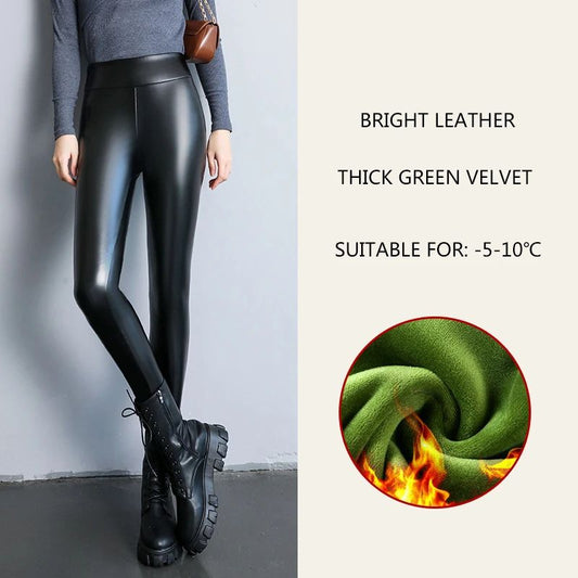 2024 Autumn Winter Velvet Thick Warm Leather Pants Women Elastic PU High Waist Leggings Black Casual Slimming Fleece Trousers