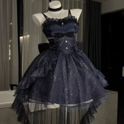 Gothic Y2k Sling Dress Women Harajuku Retro Tulle Ruffles Trim Christmas Party Outfit Grunge Aesthetic Sleeveless Elegant Wear