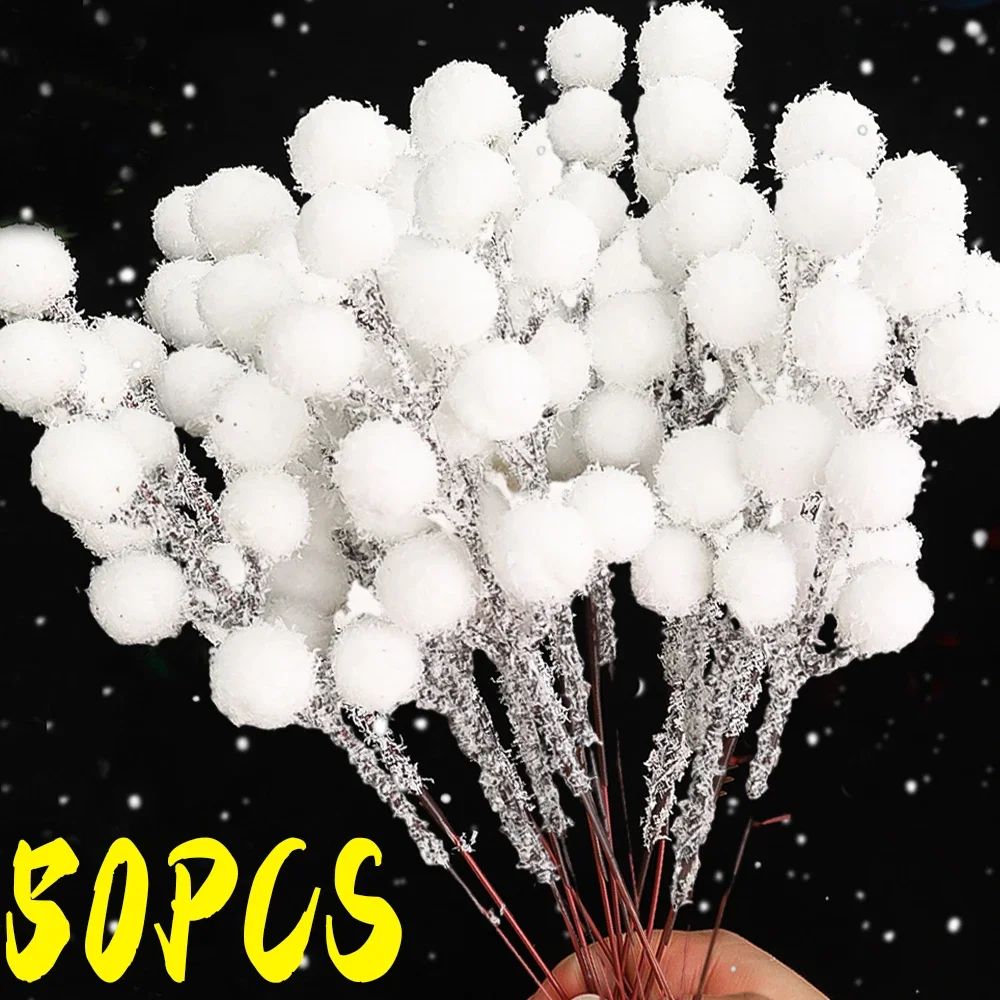 5/50pcs Christmas Snow Tipped Berry Branches Artificial White Berries Fake Flower DIY Wreath Xmas Tree Wedding Party Decoration