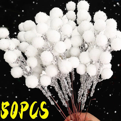 5/50pcs Christmas Snow Tipped Berry Branches Artificial White Berries Fake Flower DIY Wreath Xmas Tree Wedding Party Decoration
