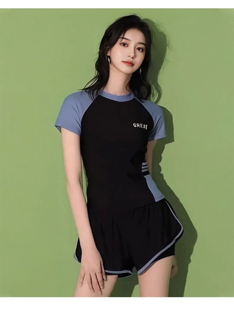 Sporty Two-Piece Swimsuit Short Sleeve plus Size Concealing Conservative Flat Footwear for Hot Springs Swimming Costume