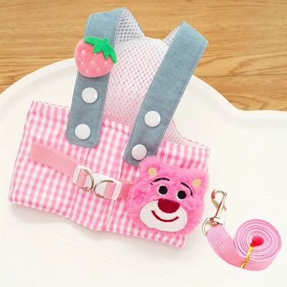 Conjunto de Coleira, Arnês e Chapéu de Sol para Animais de Estimação - Desenho Animado, Gato Fofo, Fantasia de Cachorro, Colete, Corda e Boné para Gatos e Cães Pequenos, 3 Peças, Artigos para Animais de Estimação ao Ar Livre