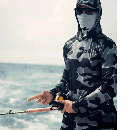 Camisas de Pesca de Manga Longa com Capuz Masculinas BILLFISH Gear Blusas Para Pesca Roupa de Desempenho para Pesca Camisa de Pesca UV Manga Longa