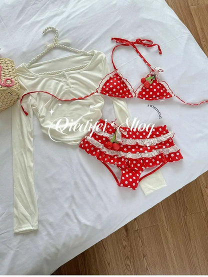 2025 New Bikini Set Cherry Pattern Three Pieces Cute Beach Vacation Swimsuit Ins Style Pure Desire Girl Adorable Split Design