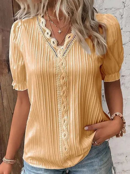 2025 Summer New Women's Blouse Top Solid Sexy V-Neck Hollow Short Sleeve Fashion Splice Plus Size Loose Street Apparel Shirt